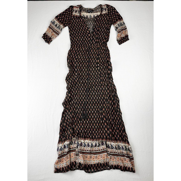 Wild Rose Dresses & Skirts - Wild Rose Boho Maxi Dress Black Orange Geometric Tribal Print V-Neck Tassel Tie